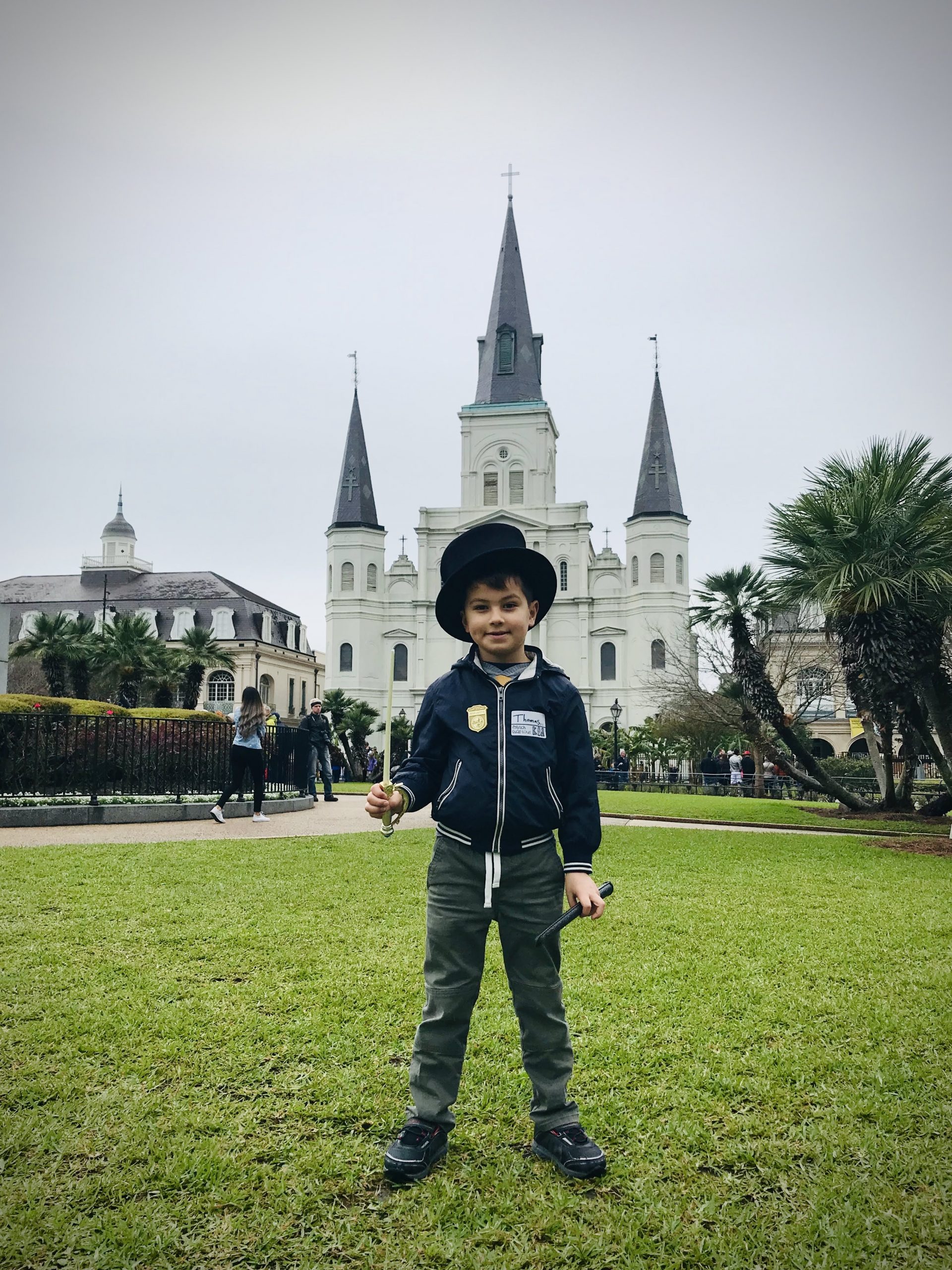 Posing in period gear in front of New Orleans Cathedral in Jackson Square