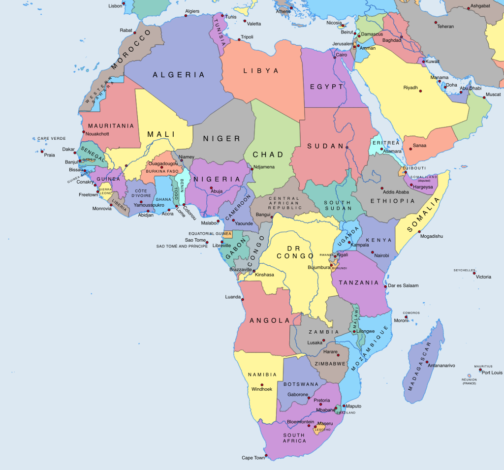Political map showing the borders of the 54 sovereign nations of Africa.