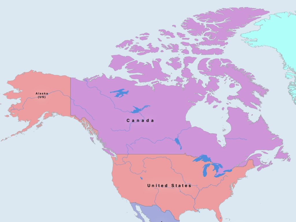 Political map of the continent of North America showing the borders between the countries of Canada and the United States.