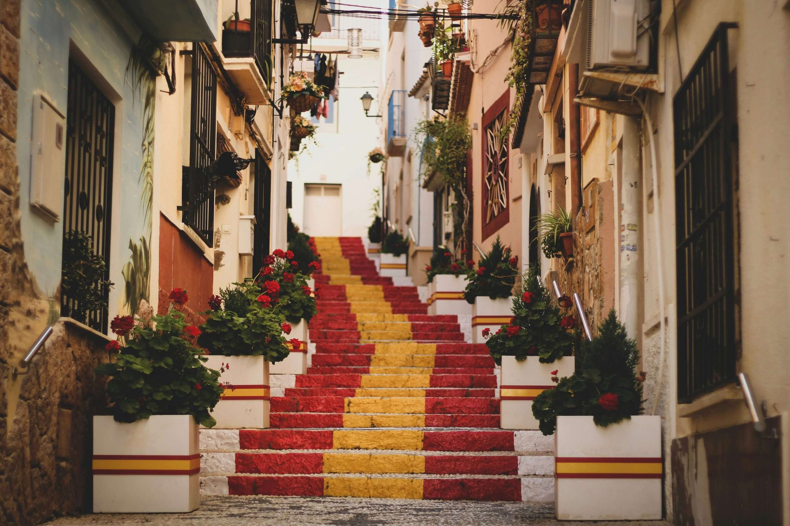 Cobblestone path steps painted yellow and red going up a hill | Photo by Sam Williams on Unsplash