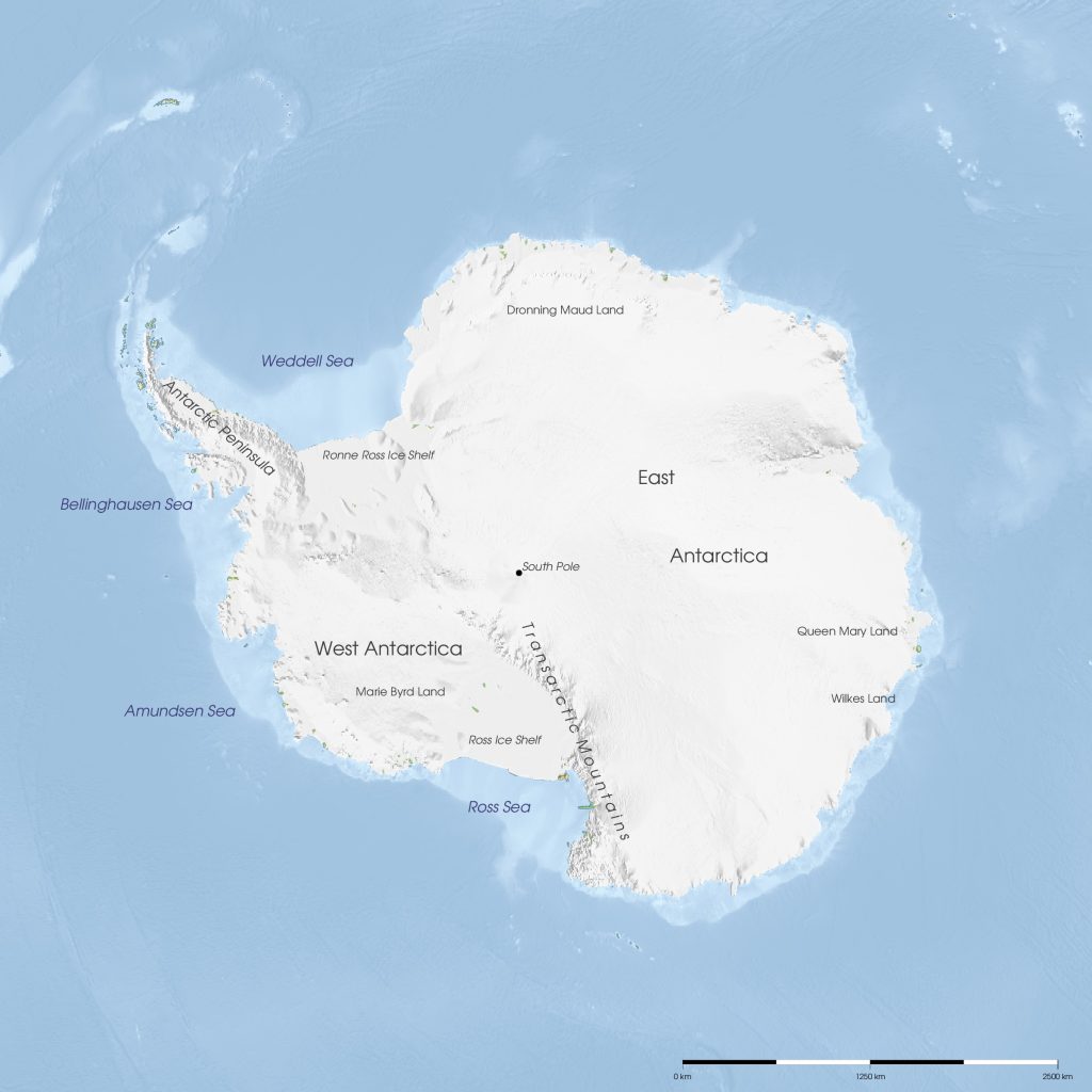 Physical map of the continent of Antarctica
