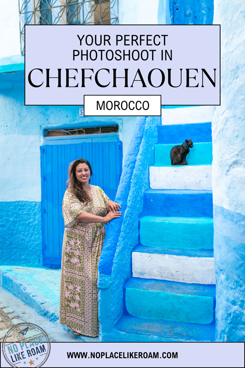 Woman in a patterned dress posing on the iconic blue steps of Chefchaouen, Morocco, with a cat nearby — perfect Chefchaouen photoshoot captured by a local photographer.