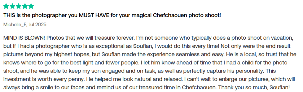 Screenshot of five star review of a Chefchaouen photo shoot