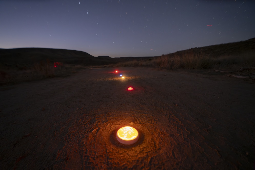 Softly glowing pathway lights guiding visitors under the night sky during a guided stargazing experience in Joshua Tree.