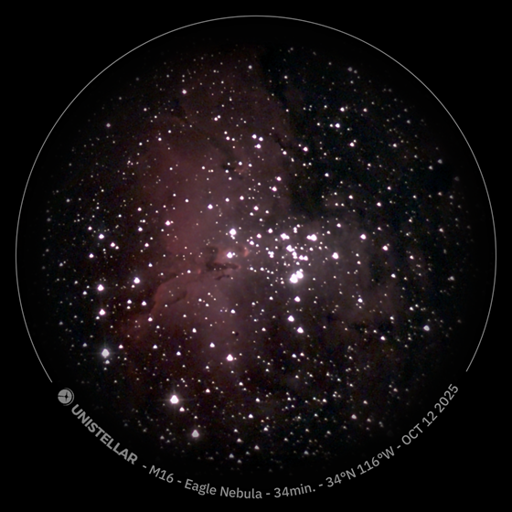 Observation of the Eagle Nebula (M16) filled with clusters of bright stars seen through a telescope on a Joshua Tree astronomy tour.