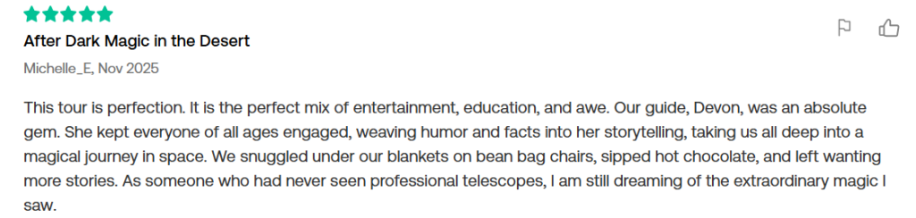 Screenshot of five star review for the Stargazing in Joshua Tree tour available on Viator